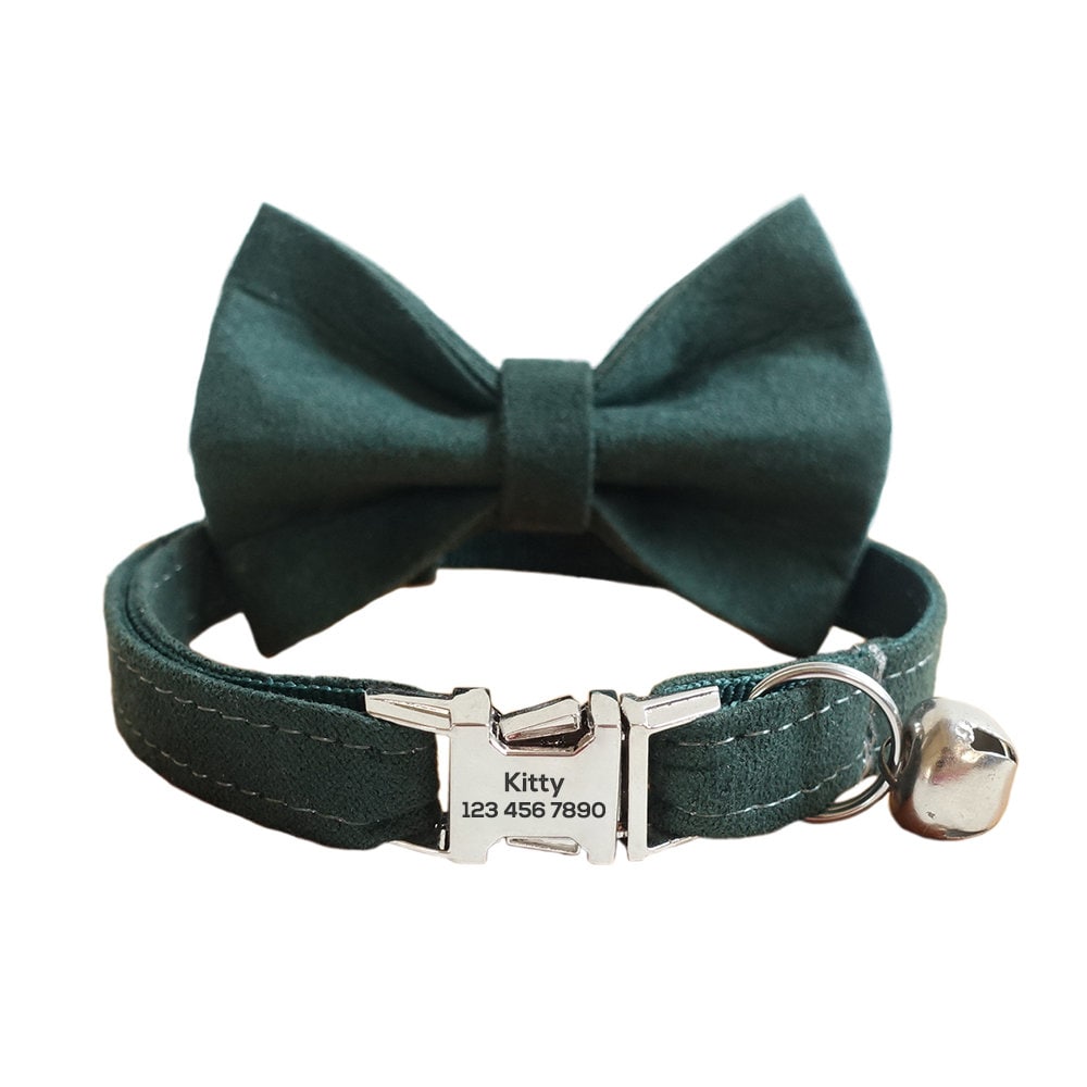 Personalized Cat Collar with Bow Tie, Solid Custom Kitten Collar with Free Removable Bell, Cotton Personalised Cat Collar, Cat Gift