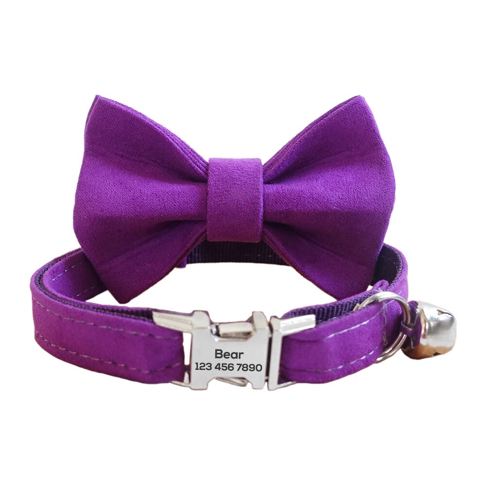 Personalized Cat Collar with Bow Tie, Solid Custom Kitten Collar with Free Removable Bell, Cotton Personalised Cat Collar, Cat Gift