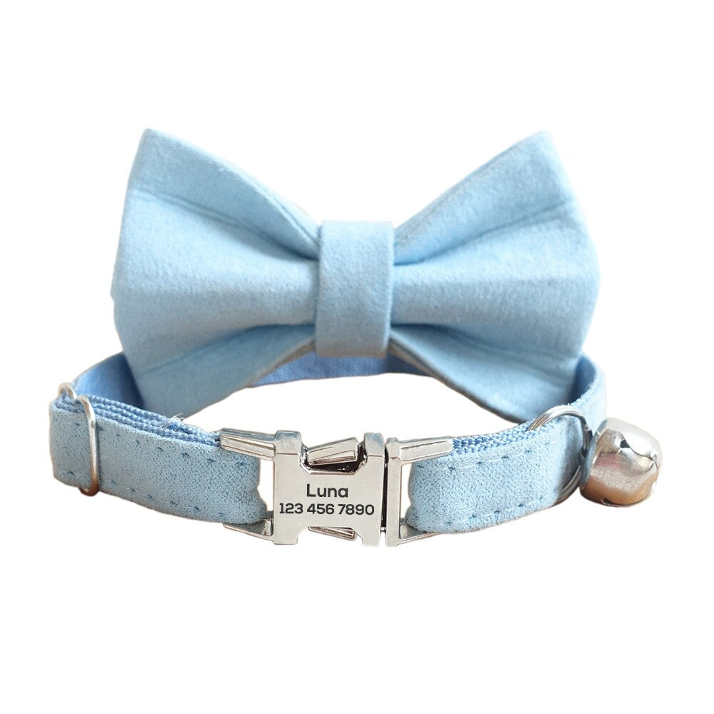 Personalized Cat Collar with Bow Tie, Solid Custom Kitten Collar with Free Removable Bell, Cotton Personalised Cat Collar, Cat Gift