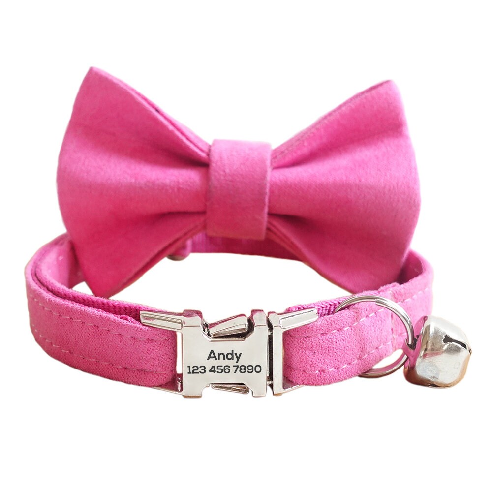 Personalized Cat Collar with Bow Tie, Solid Custom Kitten Collar with Free Removable Bell, Cotton Personalised Cat Collar, Cat Gift